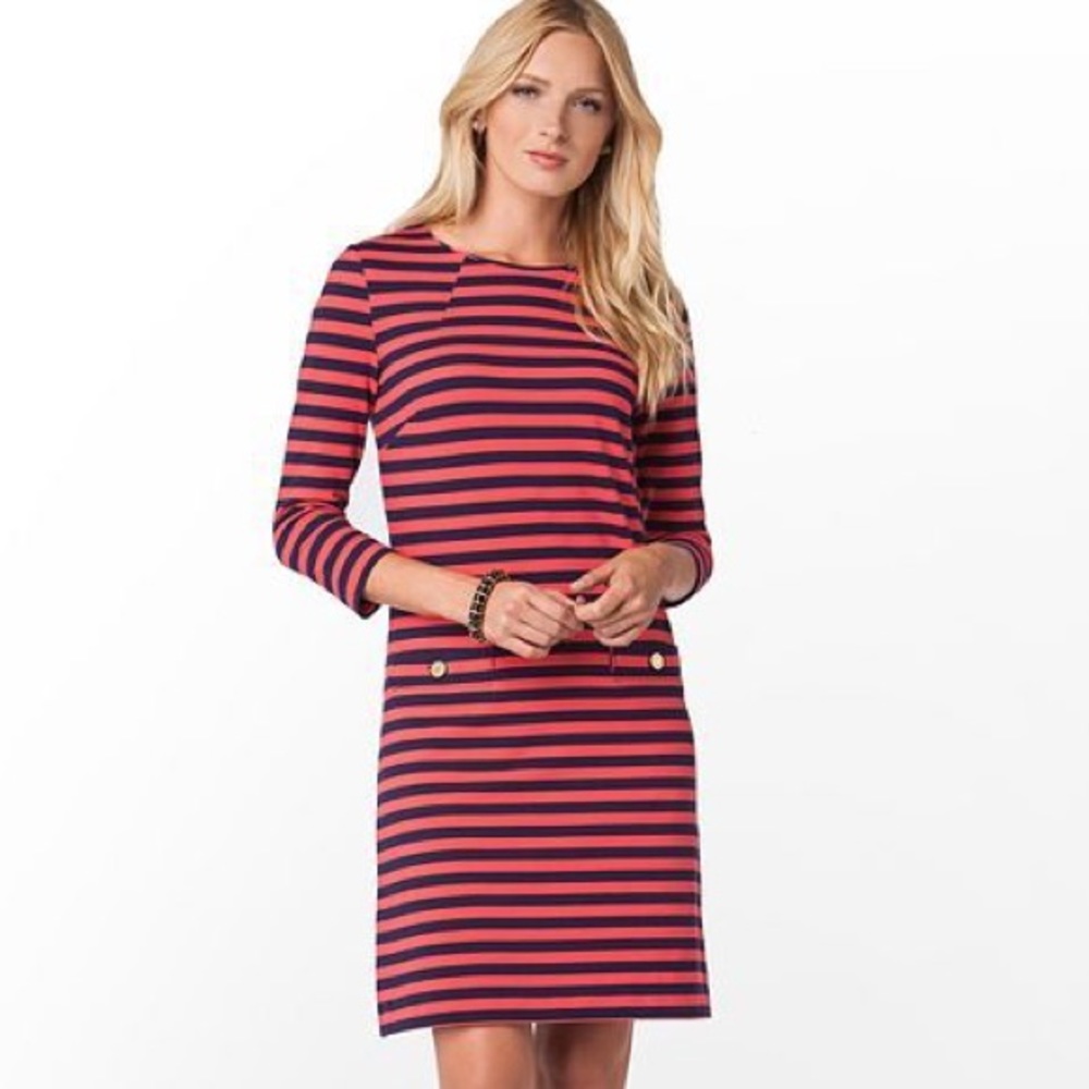 Lilly Pulitzer Navy Blue & Coral Pink Stripe T-Shirt Charlene Dress Pockets